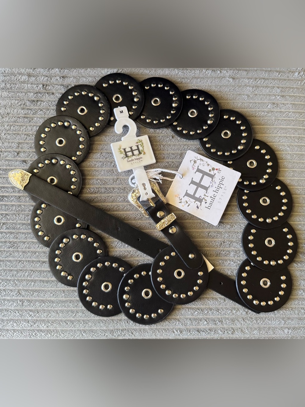 Haute Hippie Black Fauc Leather Circle Stud Belt with Silver Hardware New